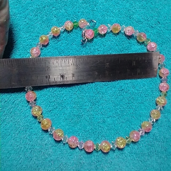 Pink yellow clear green cracked glass wire necklace handmade - Picture 3 of 3